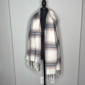 Free Press Nordstrom Plaid Scarf in Cream w/Navy & Red 66" x 26"
